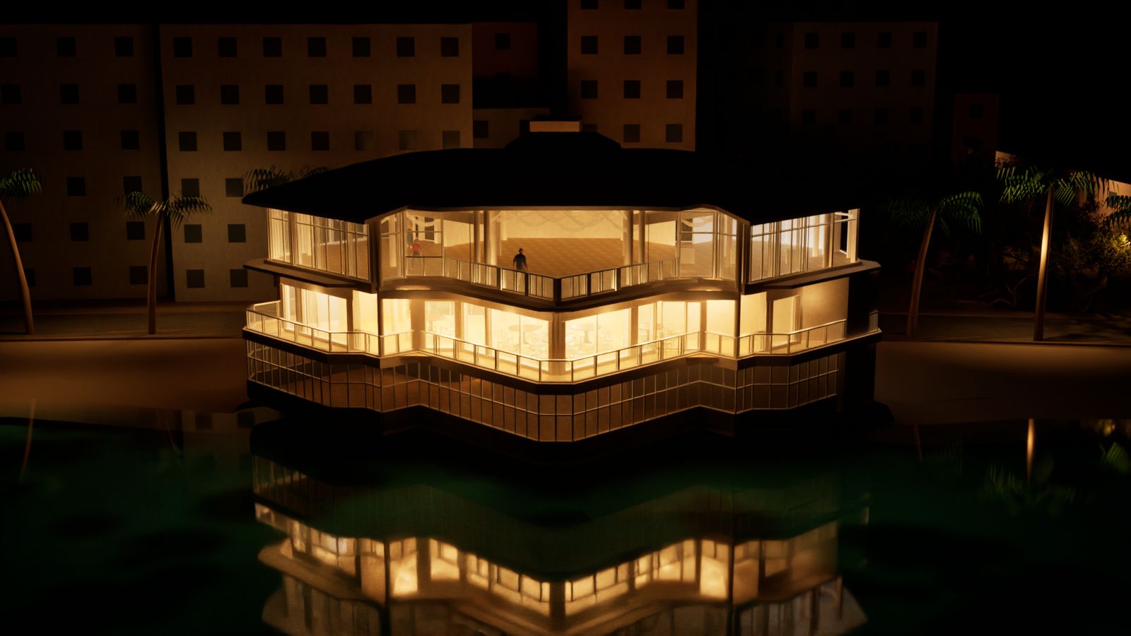 The venue's twin at night: two glazed event floors lit warm from inside, people on the upper terrace, the building reflected in the dark water below.