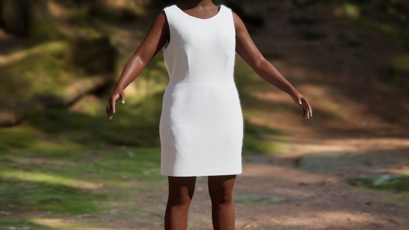 A simulated cotton dress on a digital body on a forest path in dappled light.