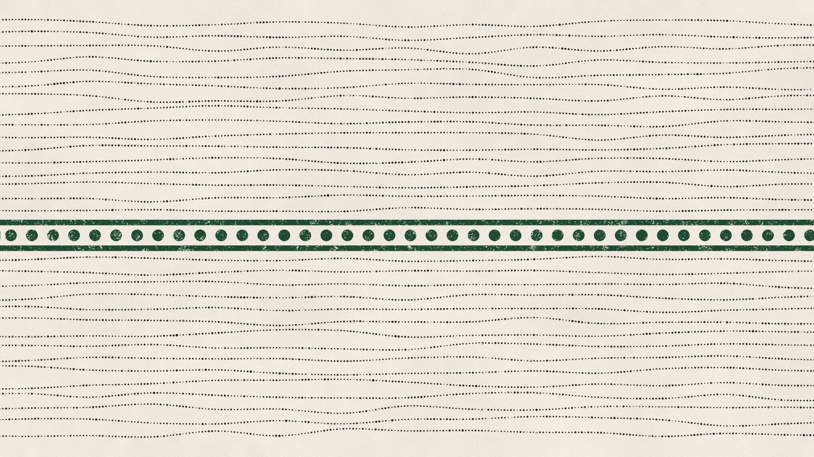 Rows of wavering dotted lines across cream paper; one deep green band holds a single row of perfect dots.