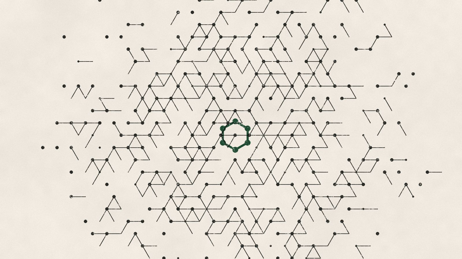 A lattice of bonds and dots fading out from the centre, with one hexagonal ring drawn in green.