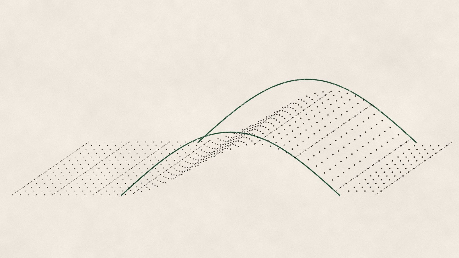 A flat grid of dots rises across the page into an arch, its two finished edges drawn in green.