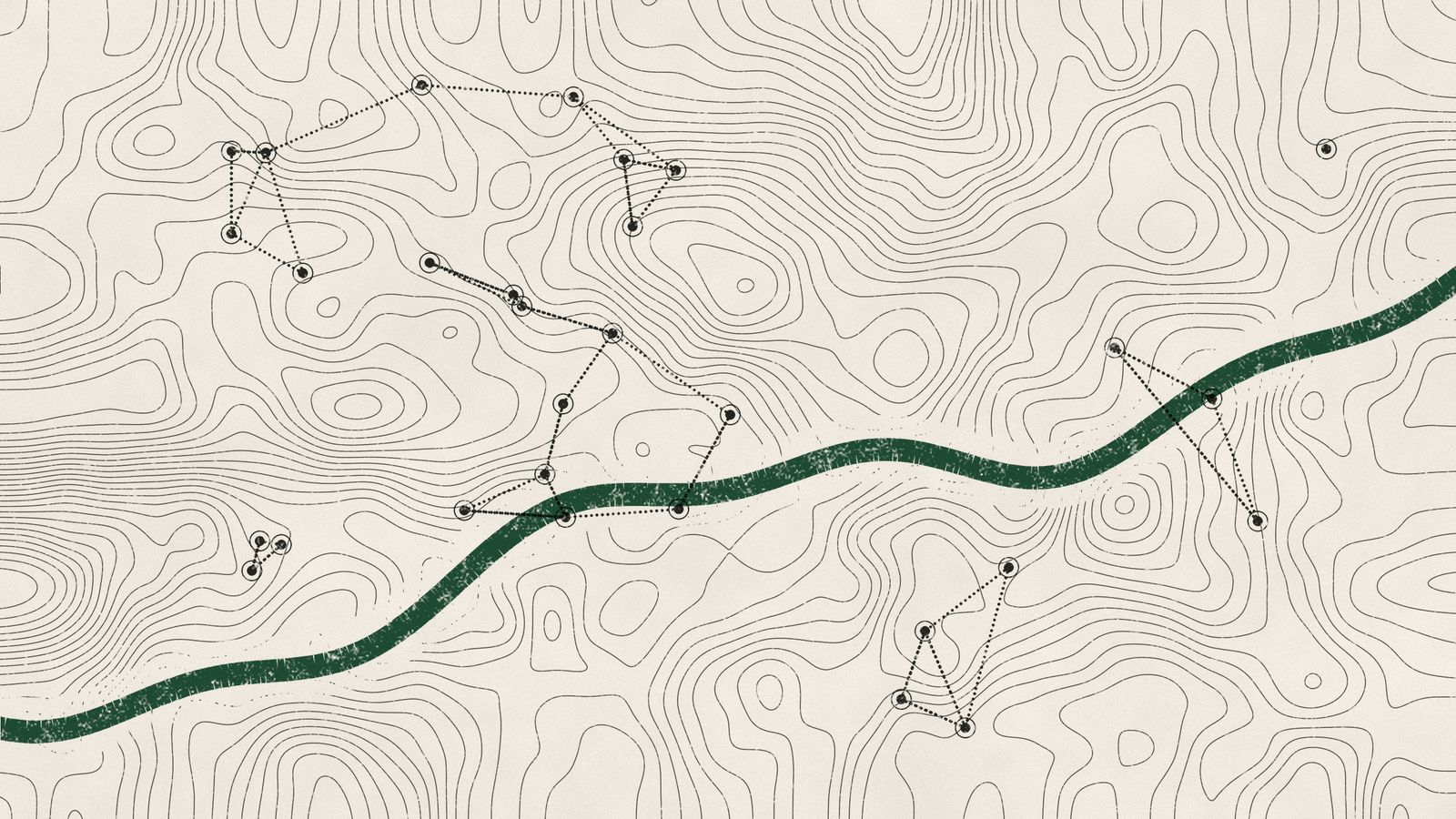 Contour lines and a dotted network of nodes, crossed by a thick green river line.